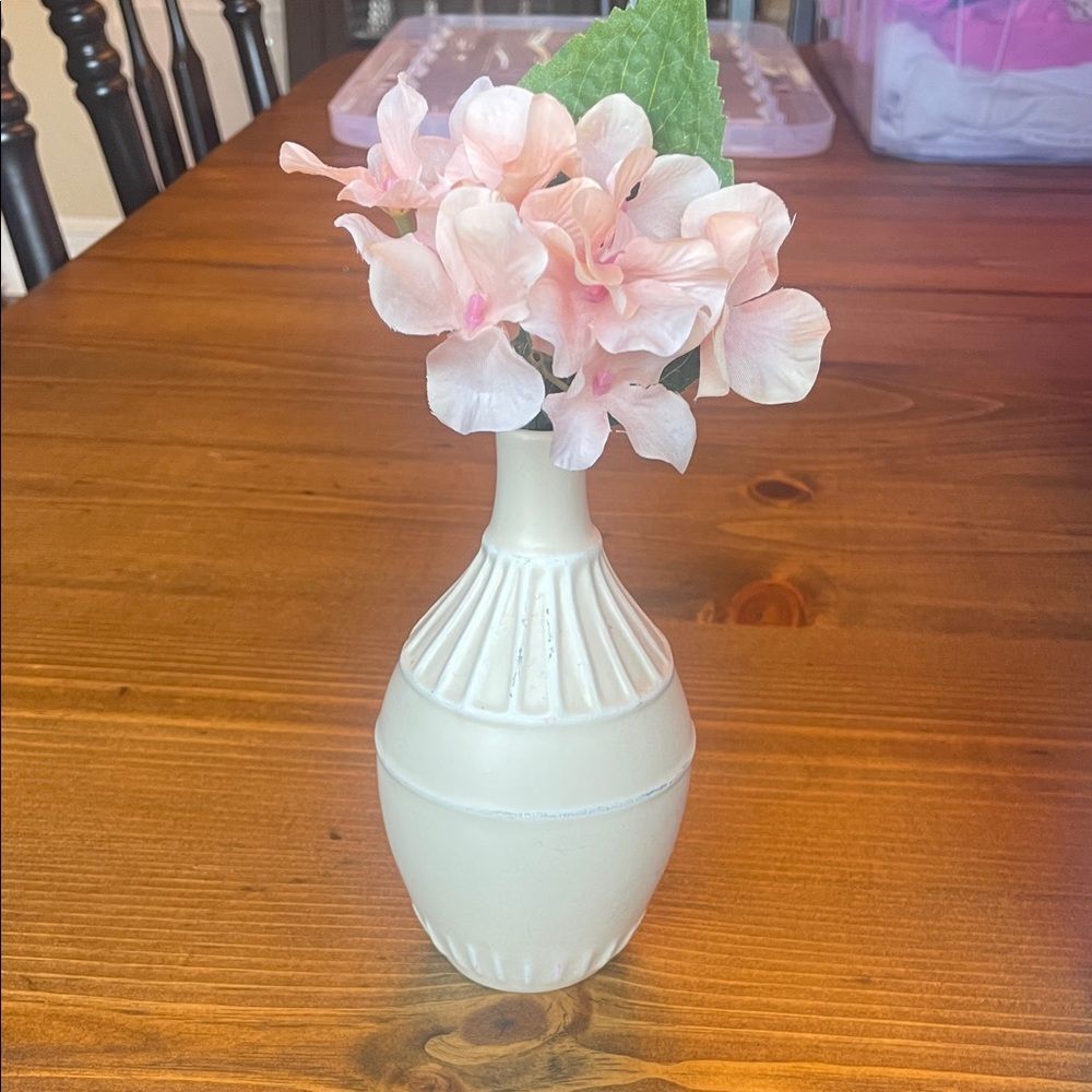 Elegant Cream Vase with Pink Flowers 8” tall